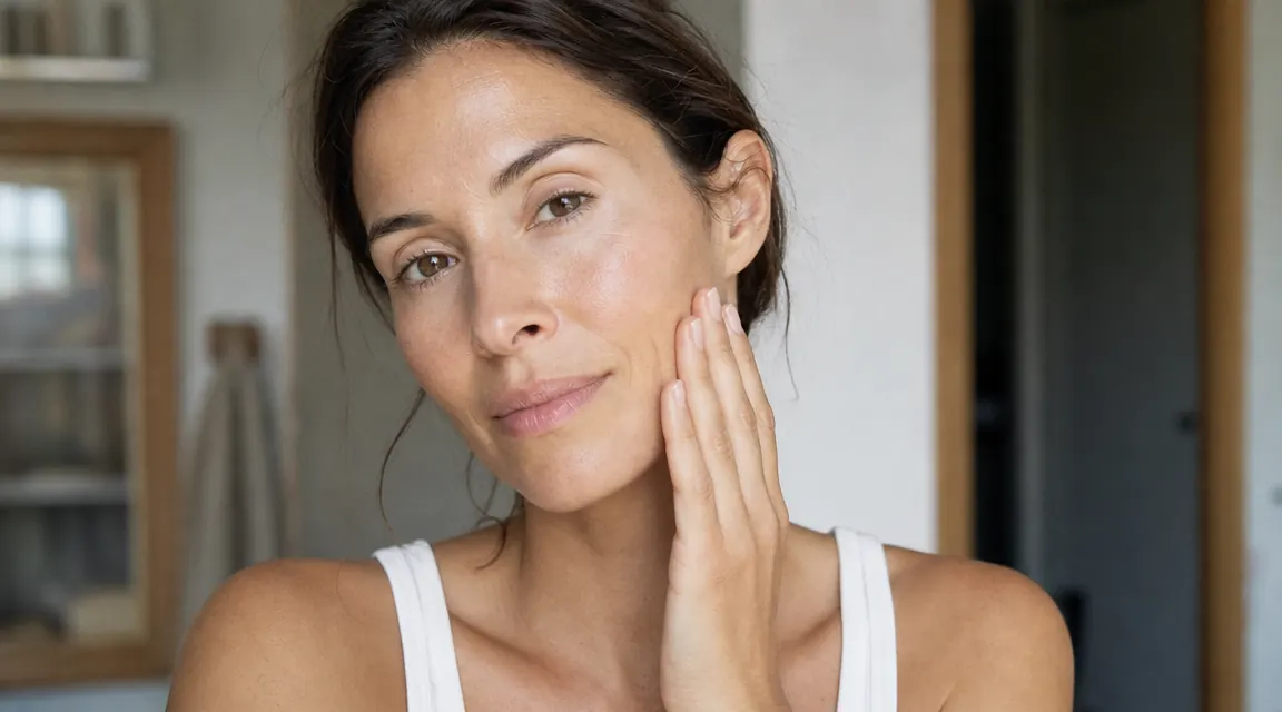Woman with calm, hydrated skin touching her face gently near a window