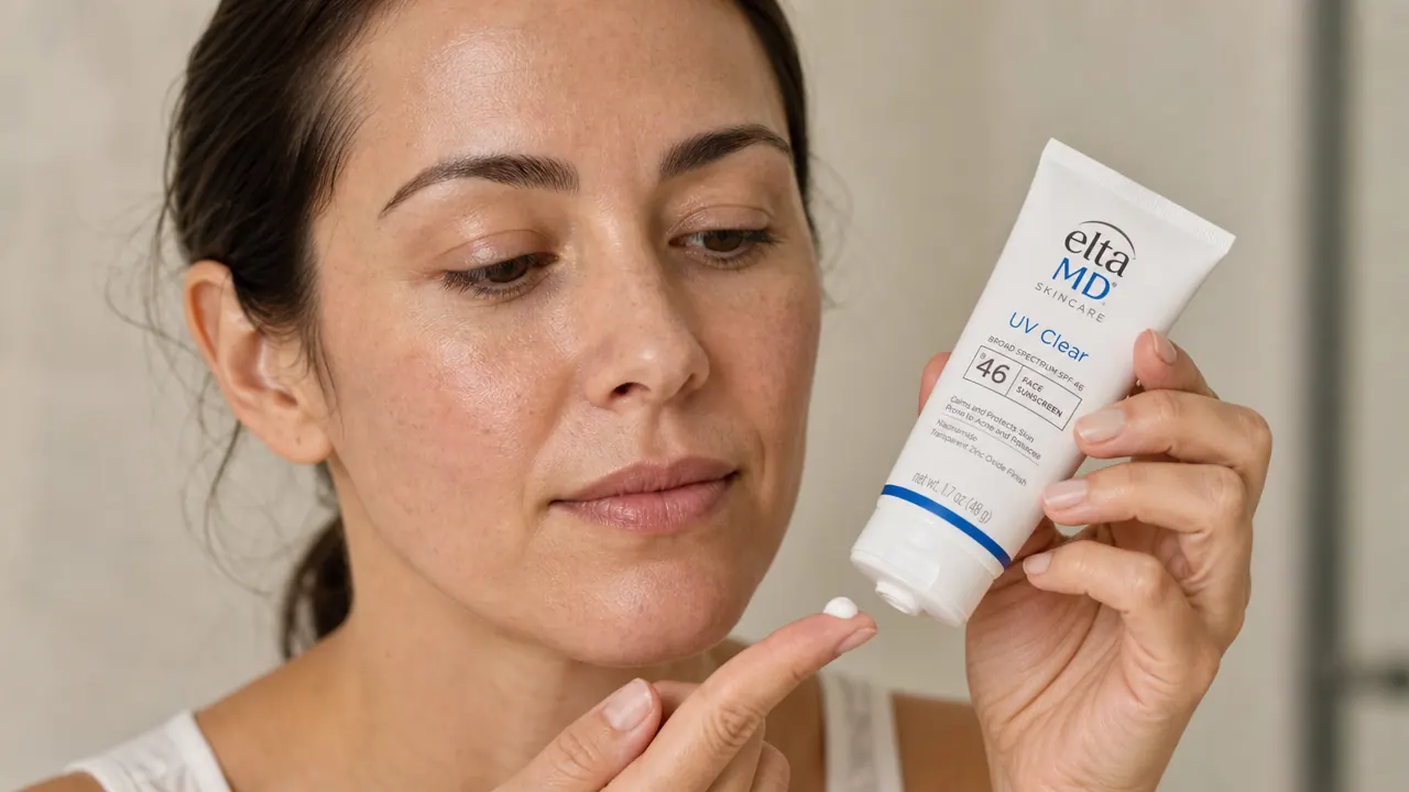 Close-up of zinc oxide sunscreen being dispensed onto a fingertip, with a tube in the background