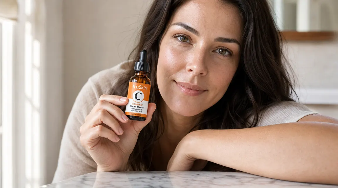 TruSkin Vitamin C Serum bottle held upright in a woman's hand next to a dropper