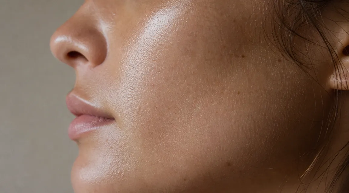 Close-up of a woman's glowing skin after applying vitamin C serum in morning routine