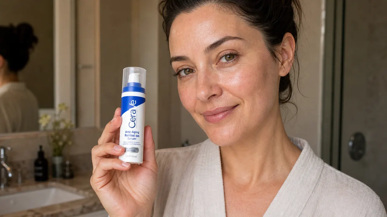 CeraVe Anti Aging Retinol Serum bottle held in a woman's hand next to a bathroom sink