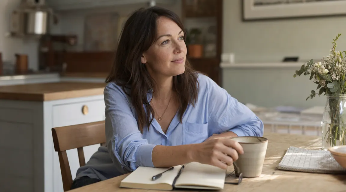Woman sitting at a kitchen table with coffee, writing in a skincare journal, relaxed and reflective
