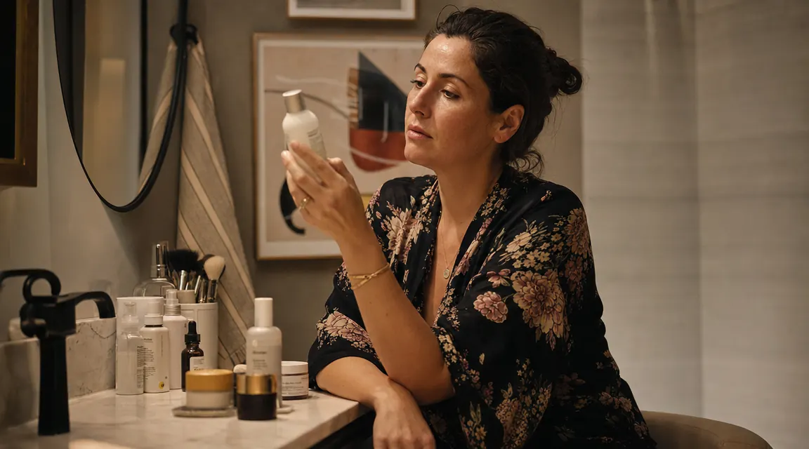 Woman reading ingredient list on a skincare bottle under warm lamp light at her bathroom vanity, thoughtful expression