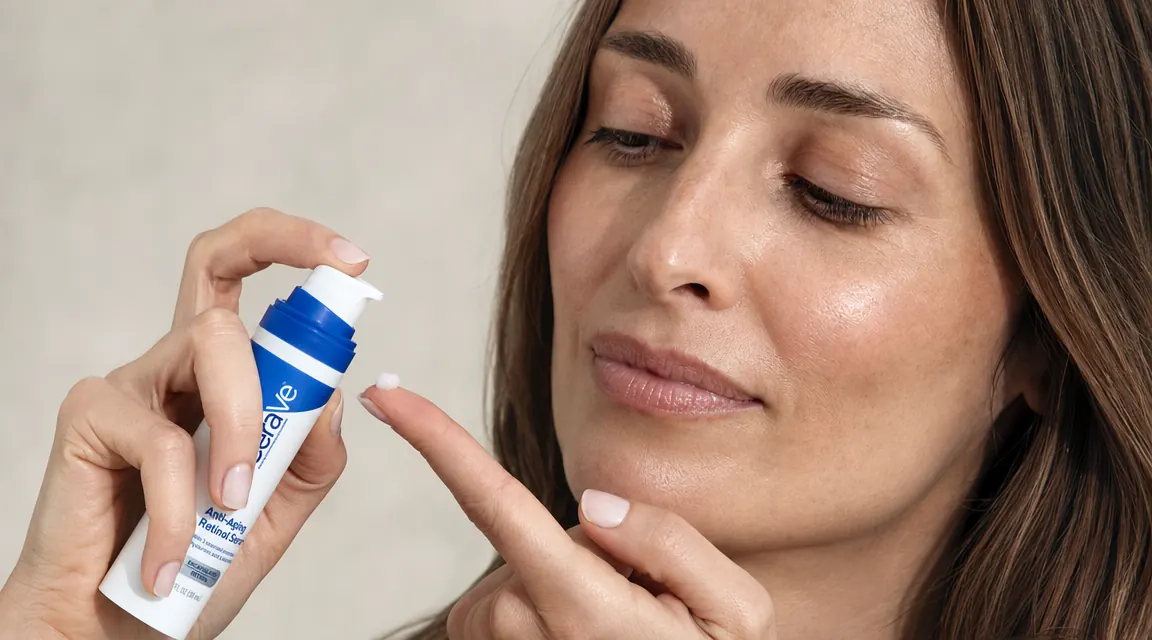 Hand holding the CeraVe Retinol Serum 1 fl oz bottle, pump depressed, showing serum texture on fingertip