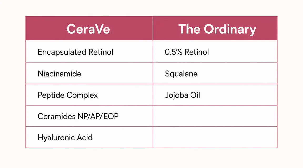 Side-by-side ingredient comparison chart showing CeraVe vs The Ordinary retinol key ingredients