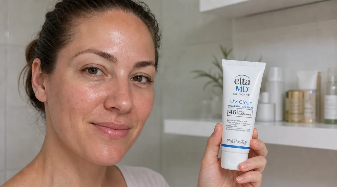 Close-up of EltaMD UV Clear SPF 46 tube held in a woman's hand against a white bathroom shelf