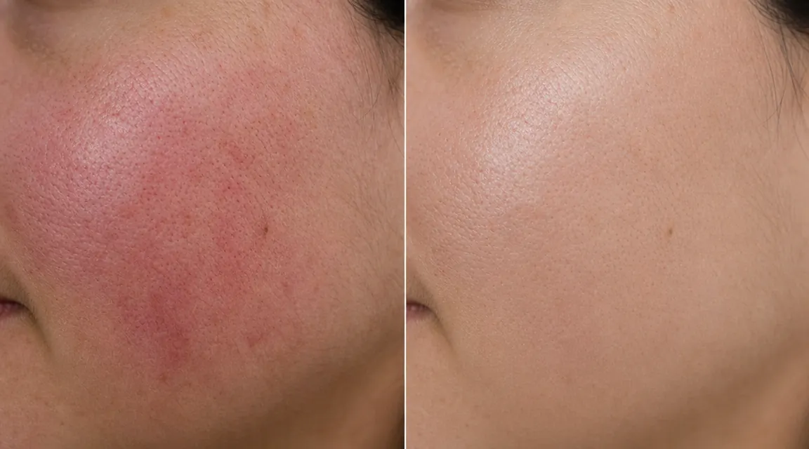 Side-by-side closeup of clogged pores and inflamed breakout skin versus calm clear skin after switching sunscreen routines
