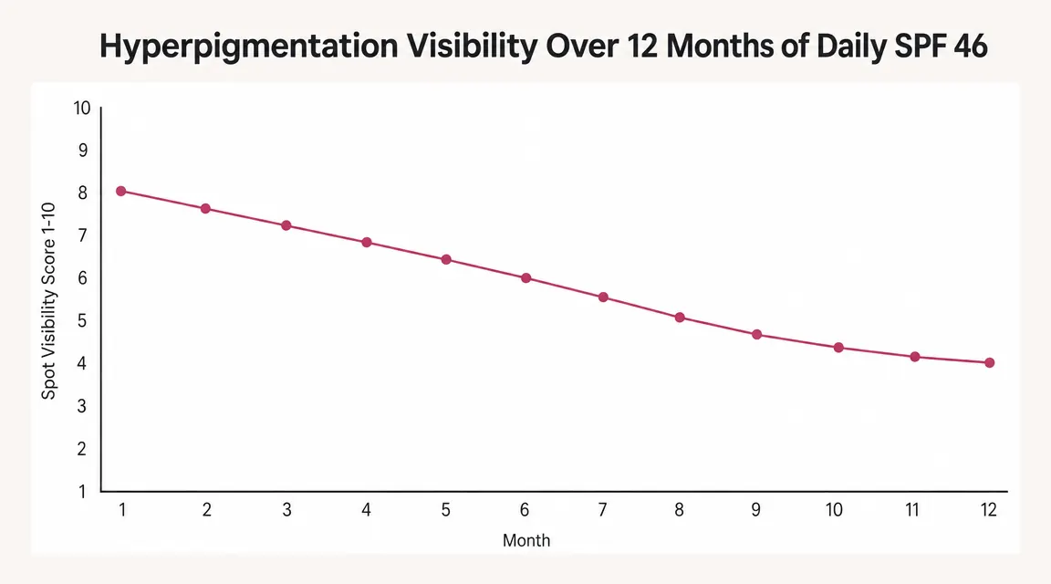 Chart showing hyperpigmentation improvement over 12 months of daily SPF use, with monthly skin tone score markers