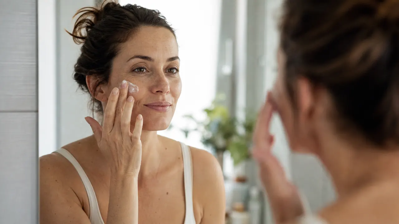 Close-up of a woman applying sunscreen to her cheek in front of a well-lit mirror, expression calm and focused