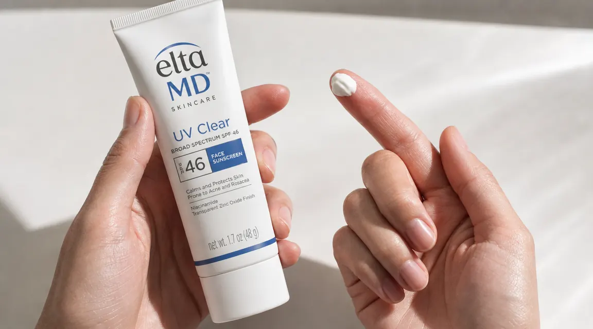 Hand holding EltaMD UV Clear SPF 46 bottle against a white background with a few product drops visible on fingertips