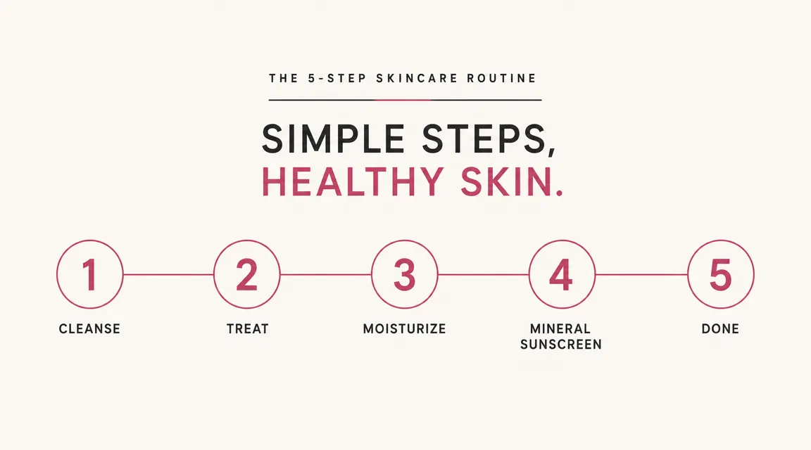 Simple diagram showing the five steps of a morning skincare routine in order: cleanser, serum, moisturizer, mineral sunscreen, done