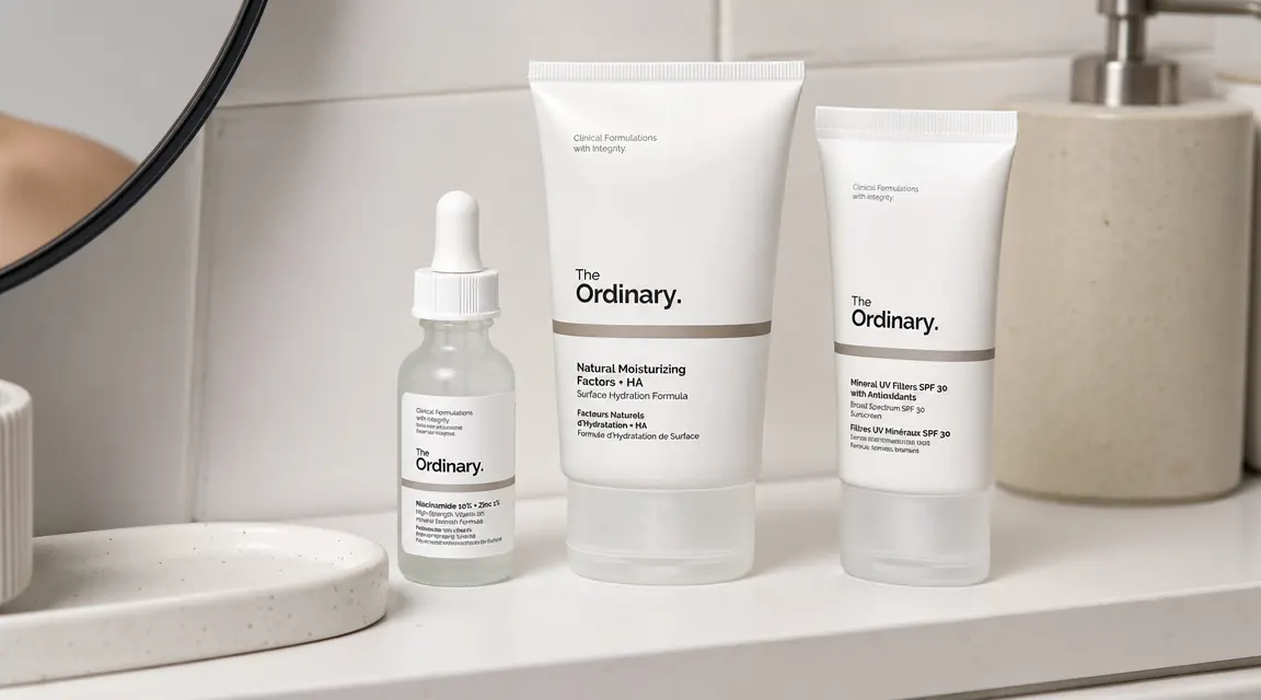 Small dropper bottle of The Ordinary Niacinamide 10% + Zinc 1% serum resting on a clean white surface beside a moisturizer and SPF