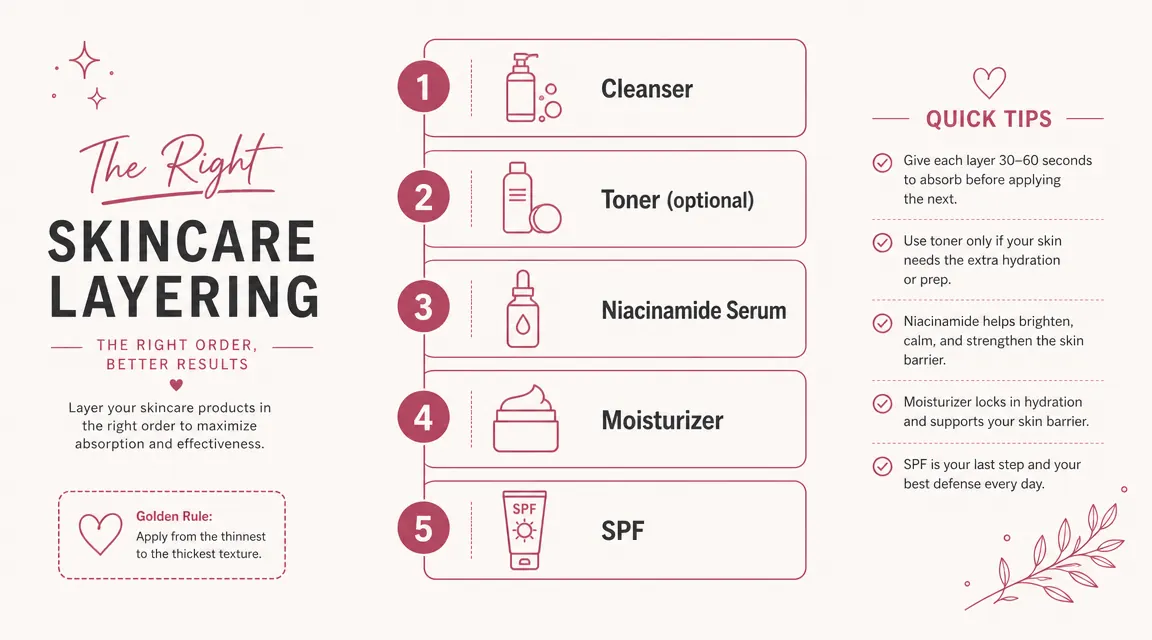 Diagram showing correct skincare layering order from thinnest to thickest: cleanser, toner, niacinamide serum, moisturizer, SPF