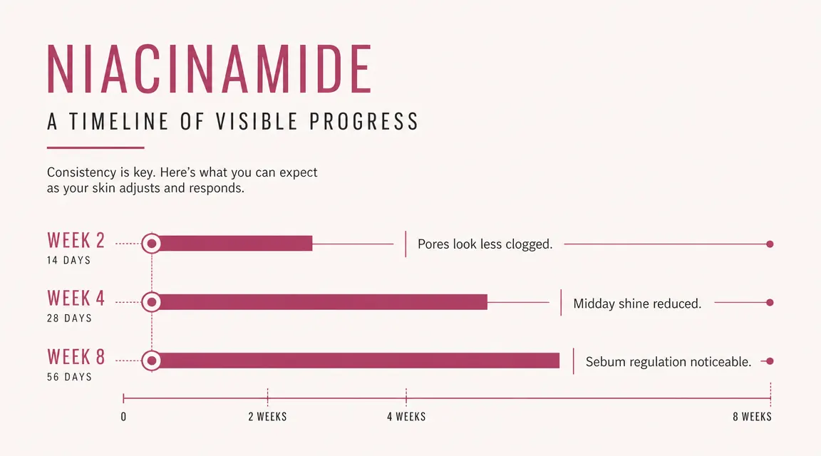 Timeline graphic showing expected niacinamide results at week 2, week 4, and week 8 with improving oiliness indicators