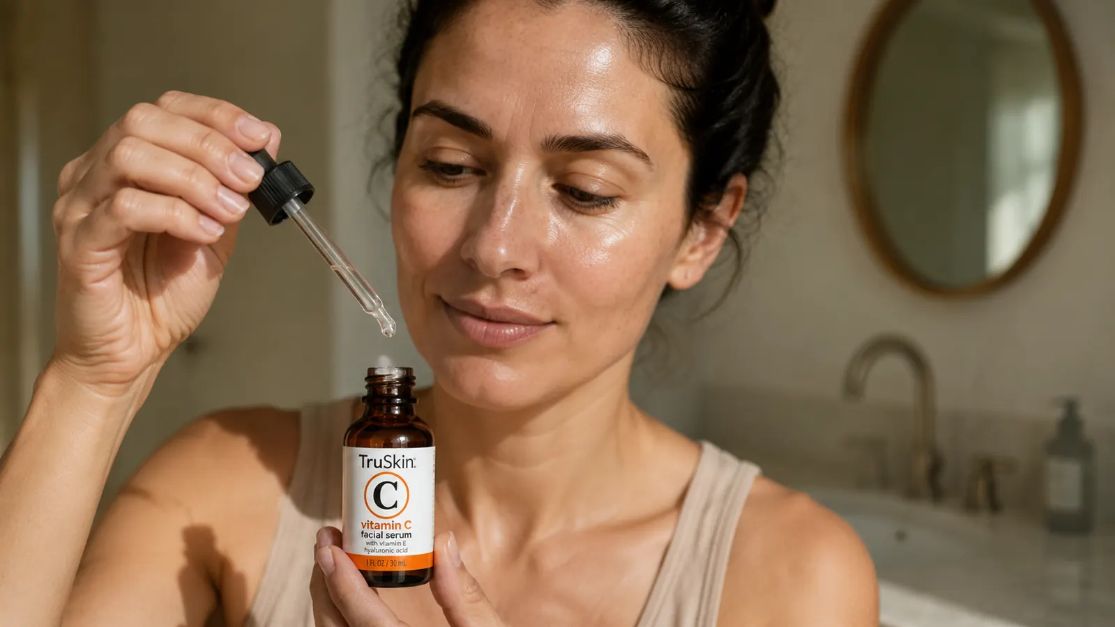 TruSkin Vitamin C Serum bottle held in hand next to a clean sink with dropper extended