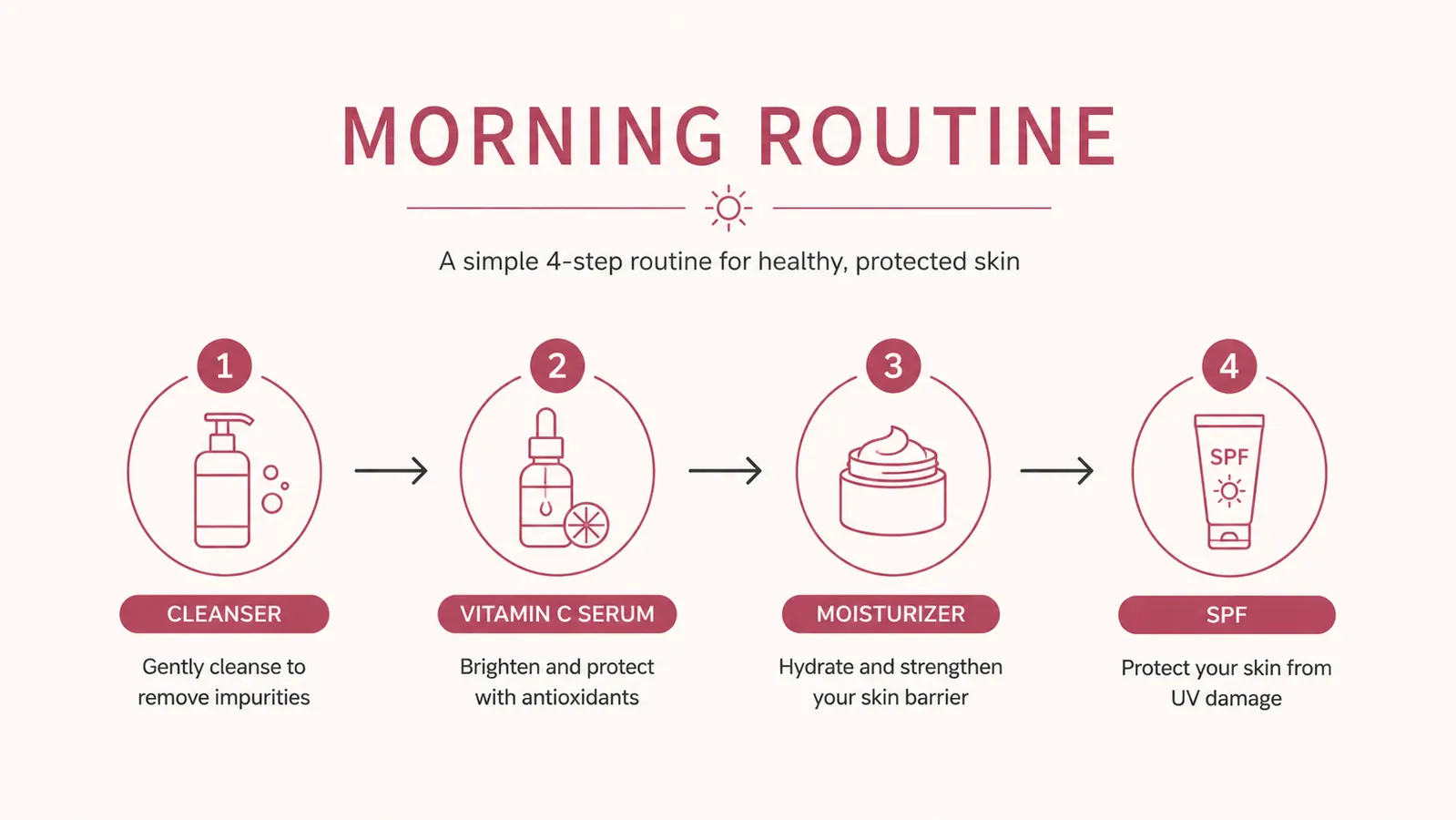 Diagram showing the correct morning skincare layering order: cleanser, vitamin C serum, moisturizer, SPF