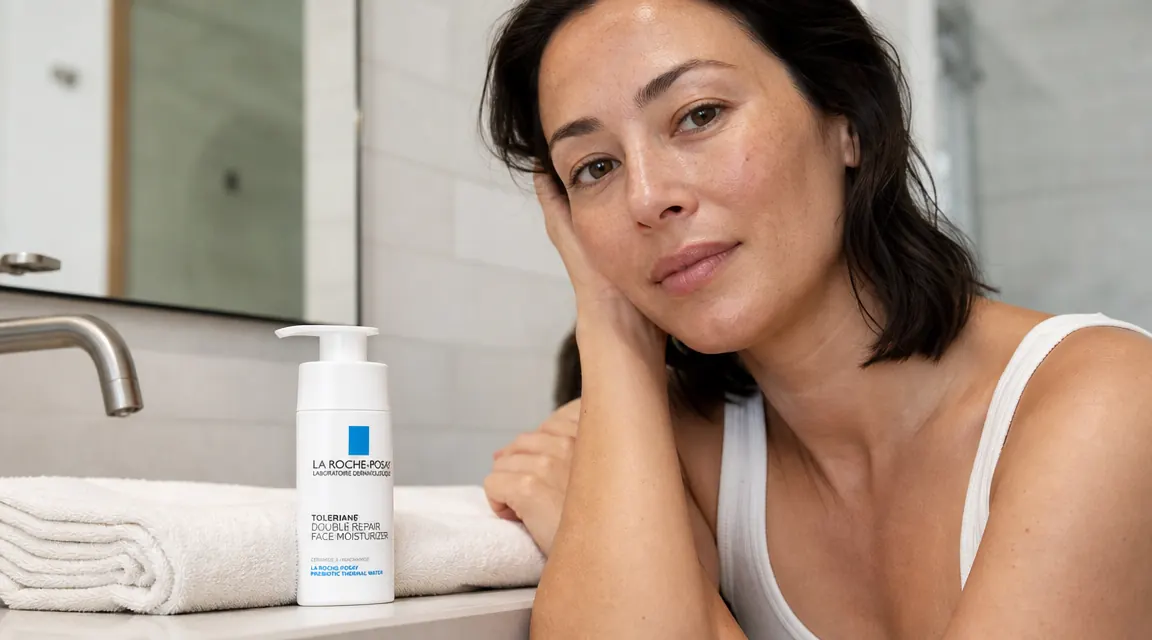 La Roche-Posay Toleriane Double Repair moisturizer tube next to a sink with a clean white towel
