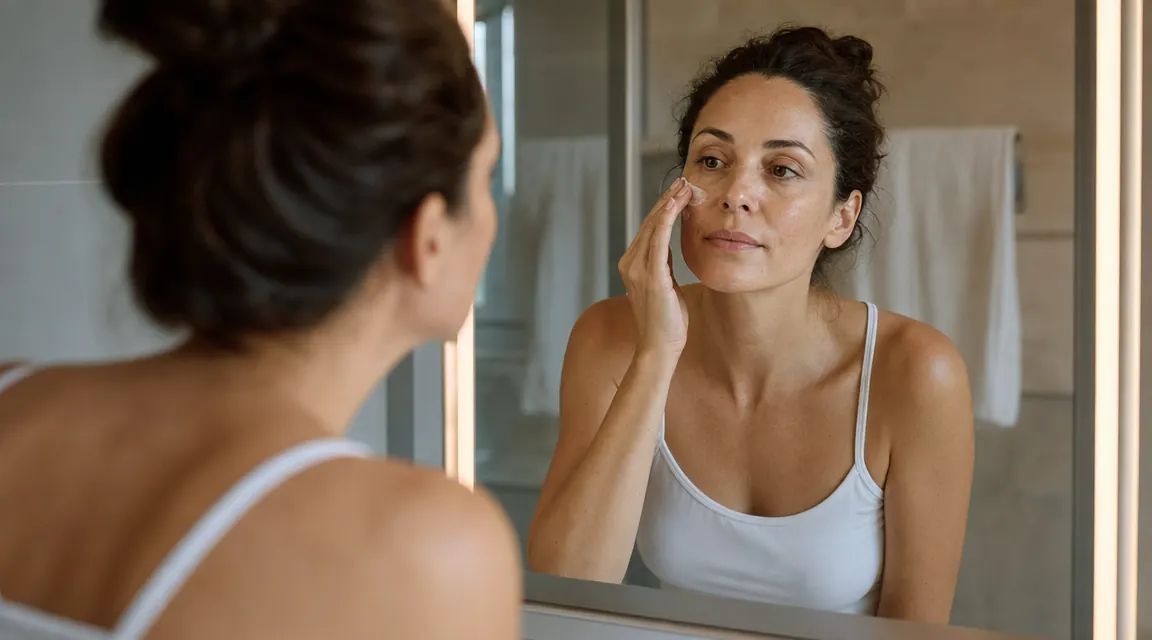 Woman applying moisturizer to her face in a bright bathroom mirror, relaxed morning routine feel
