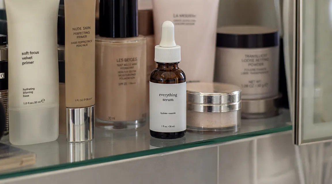 Skincare shelf showing overpriced primers and mattifying powders pushed to the back, single niacinamide serum in front