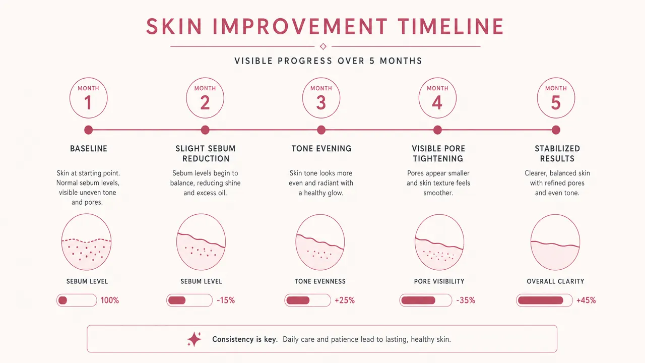 Skin texture comparison chart showing pore appearance and sebum levels across months one through five