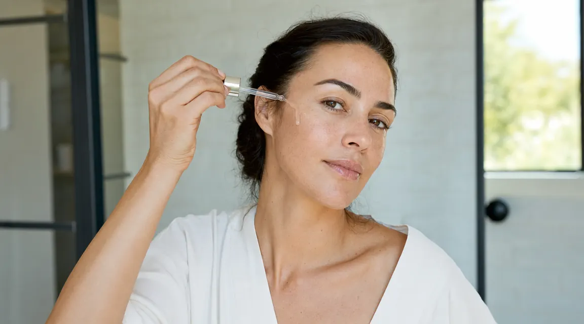 Woman applying a few drops of clear serum to her cheek in front of a bathroom mirror