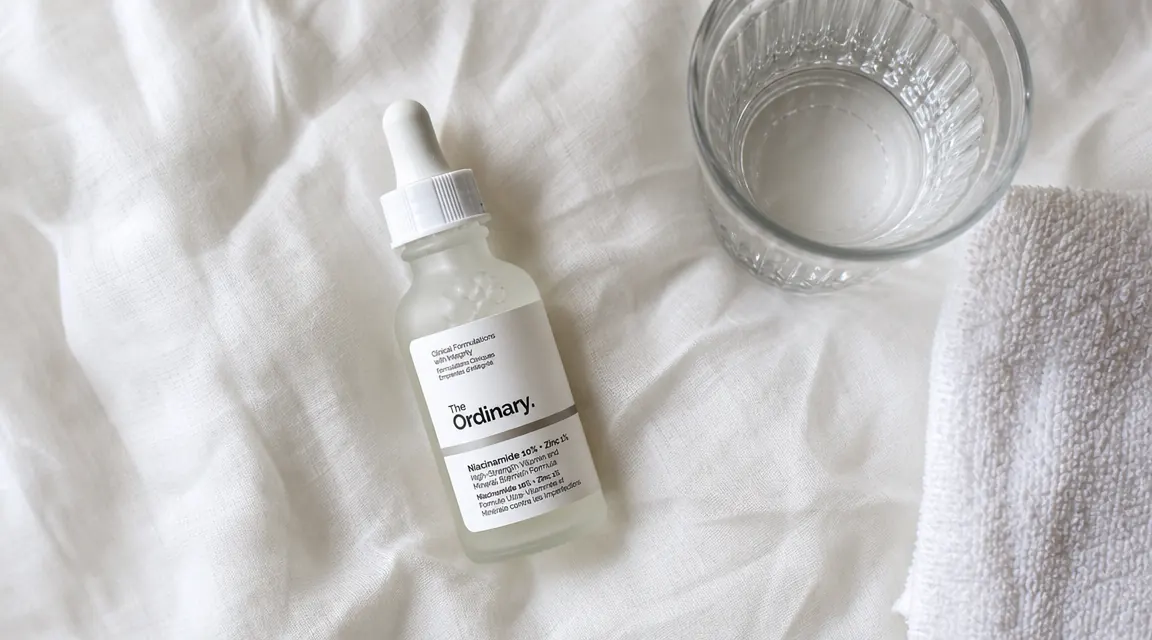 Skincare flatlay showing The Ordinary Niacinamide serum next to a glass of water and a clean towel on a white surface
