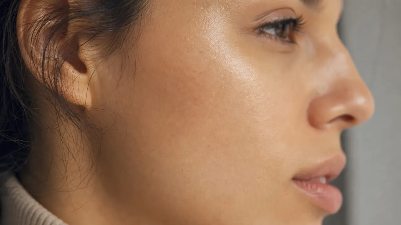 Close-up of a woman's cheek and jawline showing even, hydrated skin tone in natural daylight