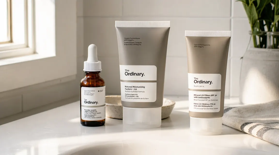 Bathroom counter showing TruSkin serum beside a moisturizer and SPF, representing a morning skincare layering routine