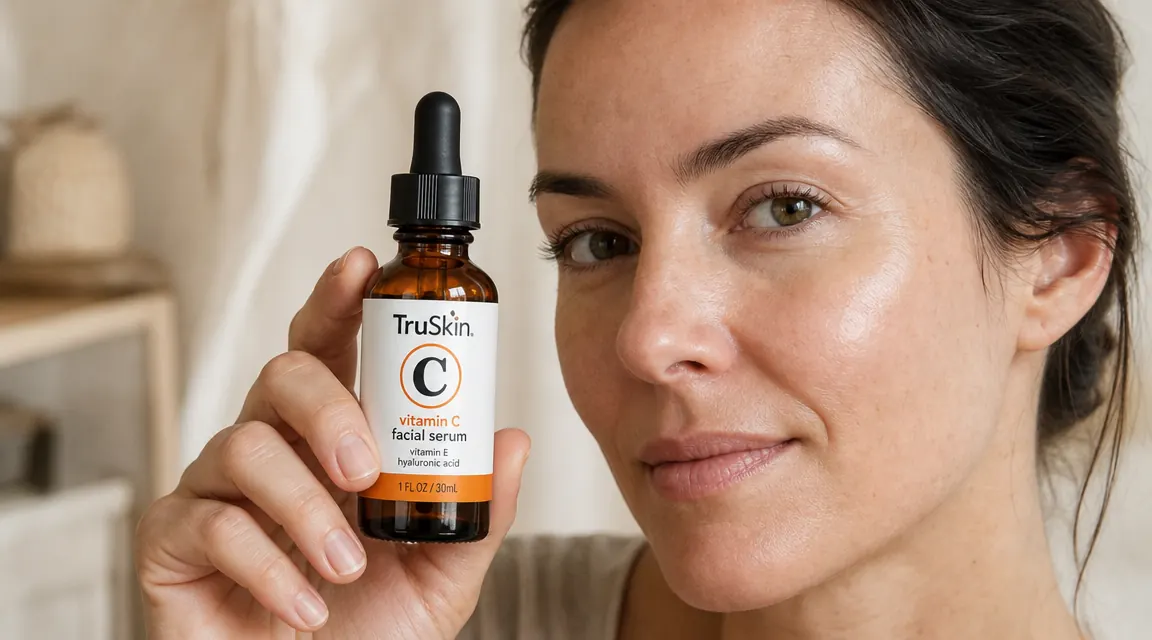 Close-up of ingredient label highlighting vitamin C, hyaluronic acid, and vitamin E on a skincare bottle